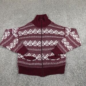 VTG Rob Winter Sweater Mens M Red Nordic Fair Isle Aztec Full Zip Jacket Grandpa
